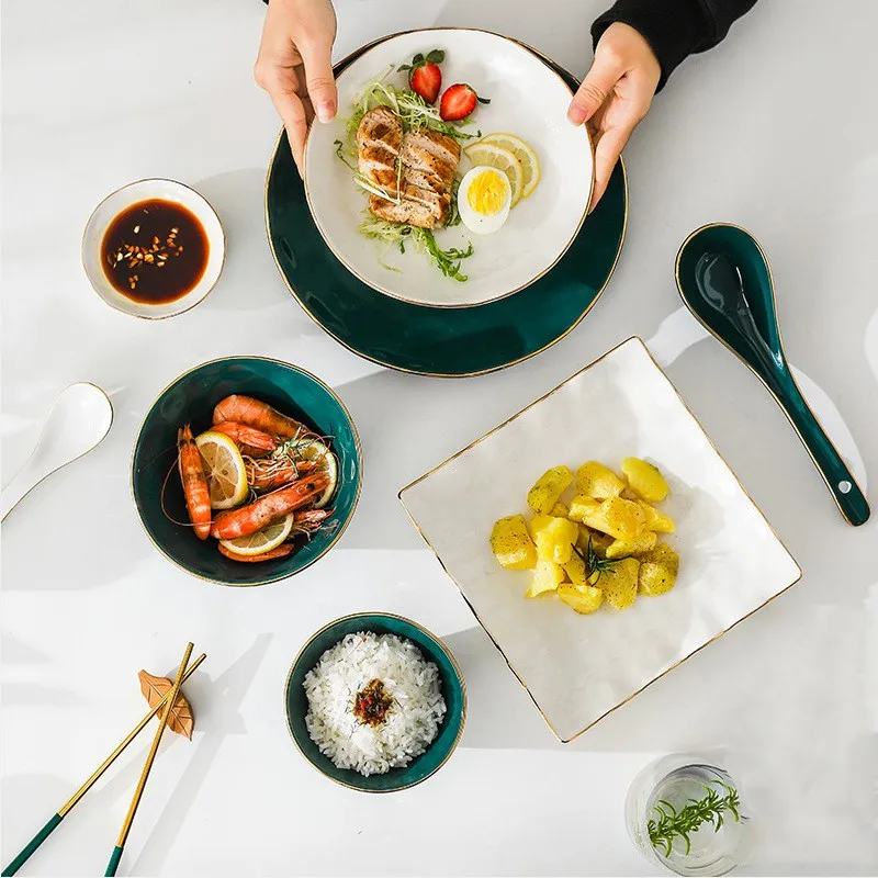 Set di stoviglie per piatti in ceramica nordica verde di alta moda Set di stoviglie Set di ciotole per zuppa in porcellana in stile moderno 2