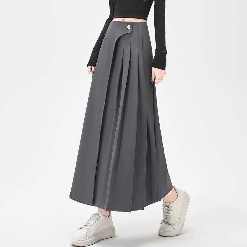 Autunno elegante pieghettato donna avvolgere ombrello gonne lunghe 2025 nuovo bottone singolo a vita alta coreano ufficio gonna a trapezio allentata femminile 3