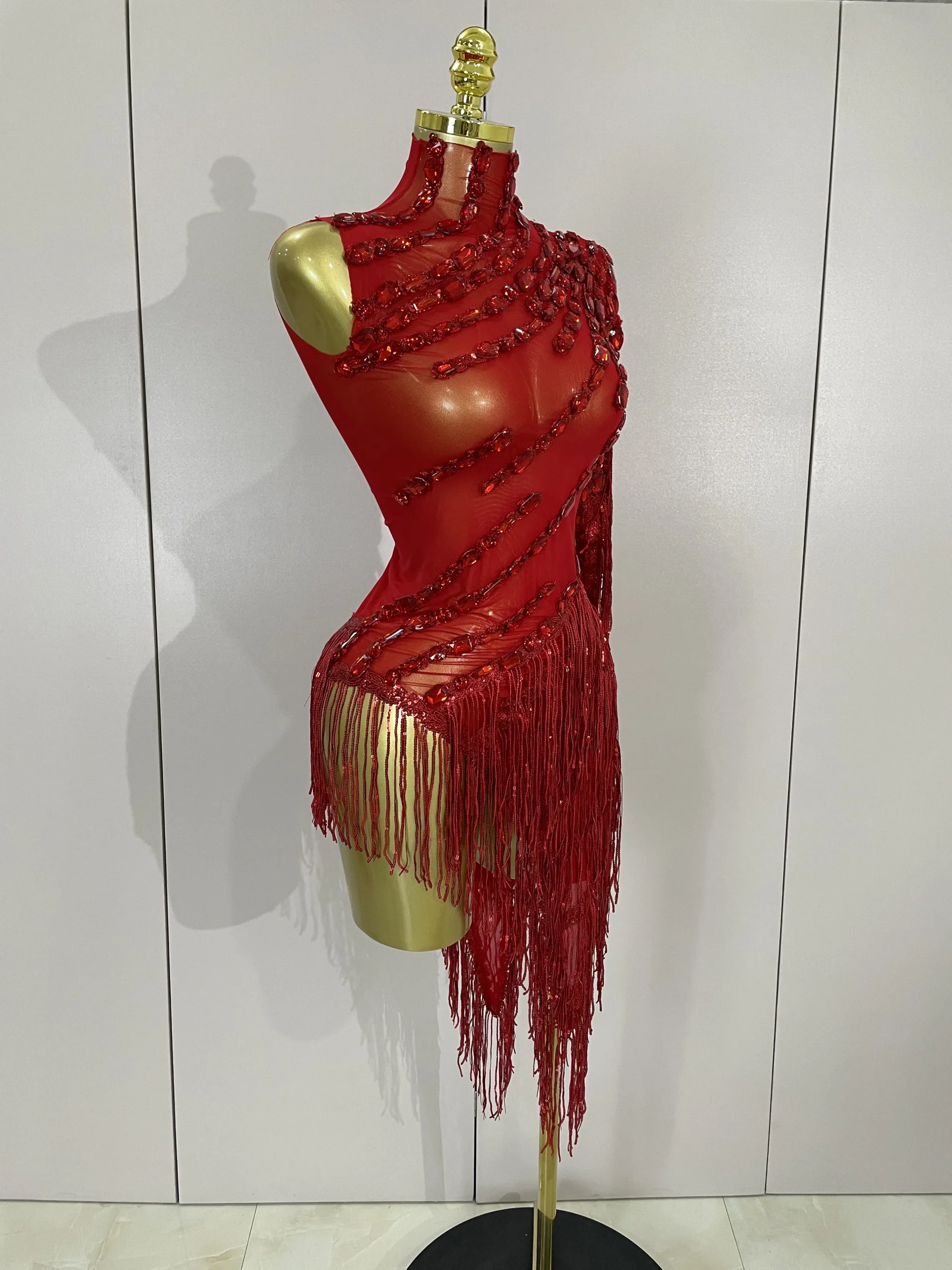 Nuovo costume di scena strass scintillanti nappa abito trasparente sexy donna monospalla bar da ballo latino abiti da festa in discoteca 4