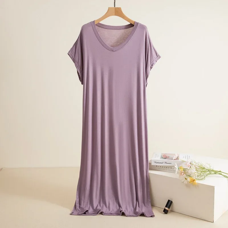 Abito modale con scollo a V Abito estivo da donna a maniche corte lungo allentato dimagrante Strato base Abito casual a trapezio in puro colore al ginocchio 4