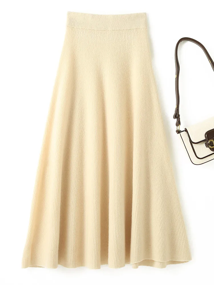 Chic nuove donne 100% lana merino lavorata a maglia una linea gonna tinta unita autunno inverno vita alta stile preppy gonna longuette in morbida lana 5