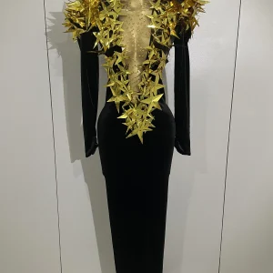 2025 Nuovo Shiny Gold Star Strass Velluto Abito lungo da donna Sera Festa di compleanno Club Gala Hosts NightClub Bar Costumi di scena 1