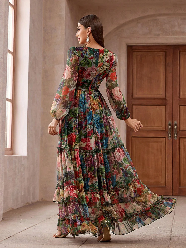 TOLEEN 2024 Nuovo Casual Elegante Boho Vacanza Abiti Da Festa delle Donne Vintage Stampa Floreale Manica Lunga Volant Trim Estate Maxi Vestito 2