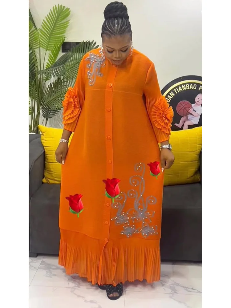 ANLAN Stampa di moda Abito lungo a pieghe Donna Risvolto Maniche floreali Design Monopetto Abiti a trapezio 2025 Estate Nuovo 5AN6018 5