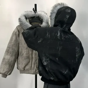 Giacca in cotone con collo in pelliccia ricamata con aquila e occhi tie-dye giacca invernale da uomo design outdoor spessa e comoda 1