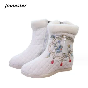 Stivaletti invernali ricamati da donna con bordi in pelliccia Zip laterale Stivaletti corti in peluche Dettaglio con frange Scarpe calde che aumentano l'altezza 1