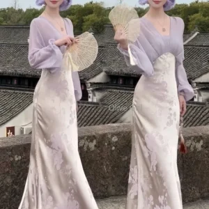 Abito estivo da ragazza oliva Abito in stile cinese in raso jacquard per donna Primavera 2025 Abito lungo elegante con due stampe finte della dea 1