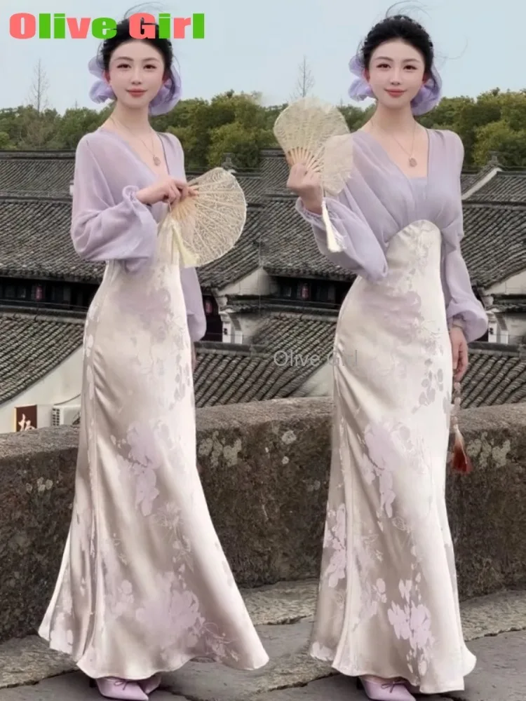 Abito estivo da ragazza oliva Abito in stile cinese in raso jacquard per donna Primavera 2025 Abito lungo elegante con due stampe finte della dea 1
