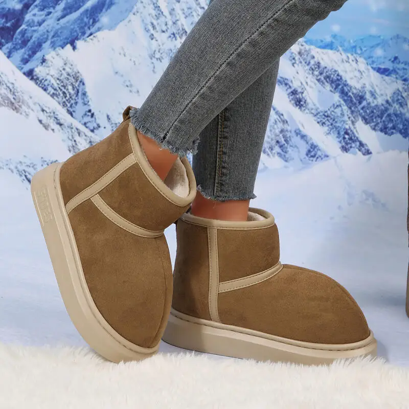 Stivaletti da neve in pelle scamosciata con fondo spesso e punta tonda carina da donna 2025 Stivaletti lunghi in peluche caldi invernali Stivaletti corti da donna pelosi 3