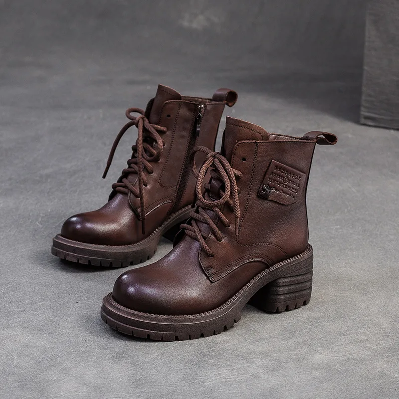 GKTINOO 2025 Stivali con plateau in vera pelle Scarpe da donna Autunno Inverno 6 cm Tacchi spessi Stivaletti Stringati con cerniera Décolleté da donna 6