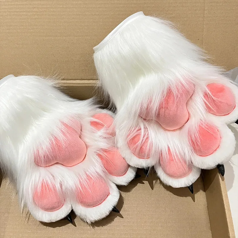 Guanti da donna addensati caldi e carini con artiglio di gatto Guanti da costume cosplay per cartoni animati per ragazze Guanti da zampa di gatto in peluche peloso bianco nero 2