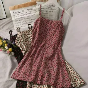 Estate nuovo abito corto senza schienale con stampa retrò donna vita alta sottile senza maniche gonna floreale con scollo all'americana mini abito moda femminile 1