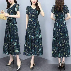 Abito lungo estivo nuovo taglie forti Copri vita dimagrante Stomaco Elegante gonna longuette Abito a maniche corte con scollo a V in fibra di poliestere 1