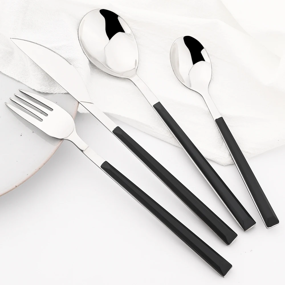 6/24pcs Set di stoviglie in argento nero Set di posate con manico in legno in acciaio inossidabile forchette cucchiaio coltello stoviglie Set di posate da cucina 1