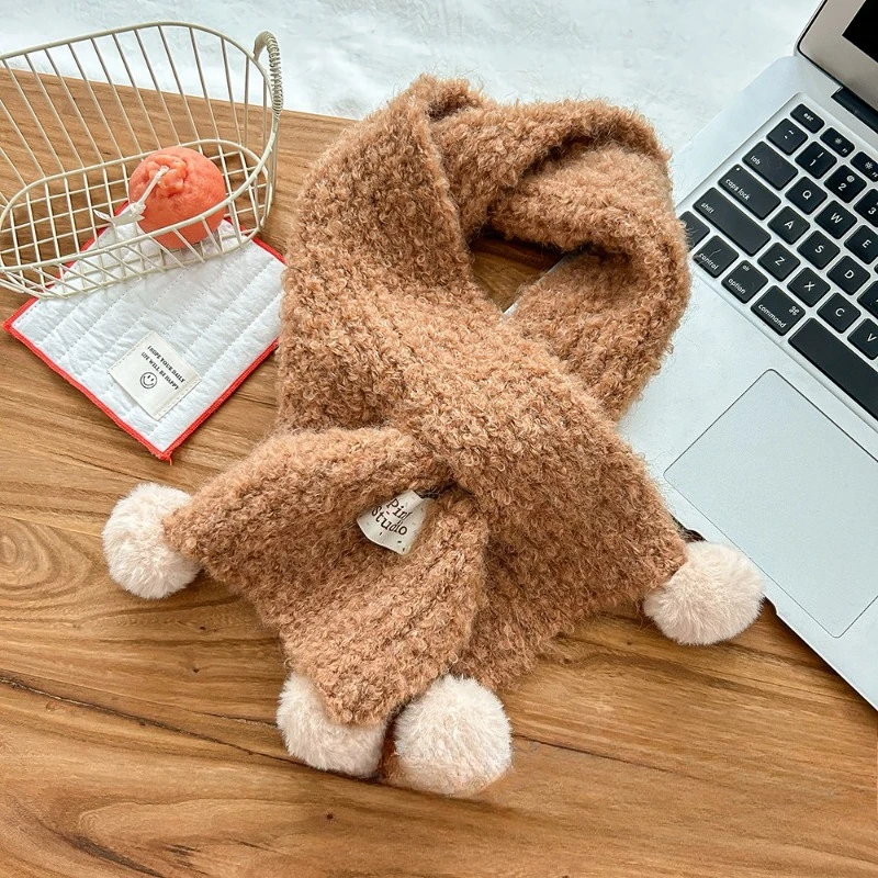 Sciarpe invernali in cashmere per bambini in stile coreano – Ghette a quattro pompon, spesse e calde con collo incrociato per neonati nelle stagioni fredde. 2