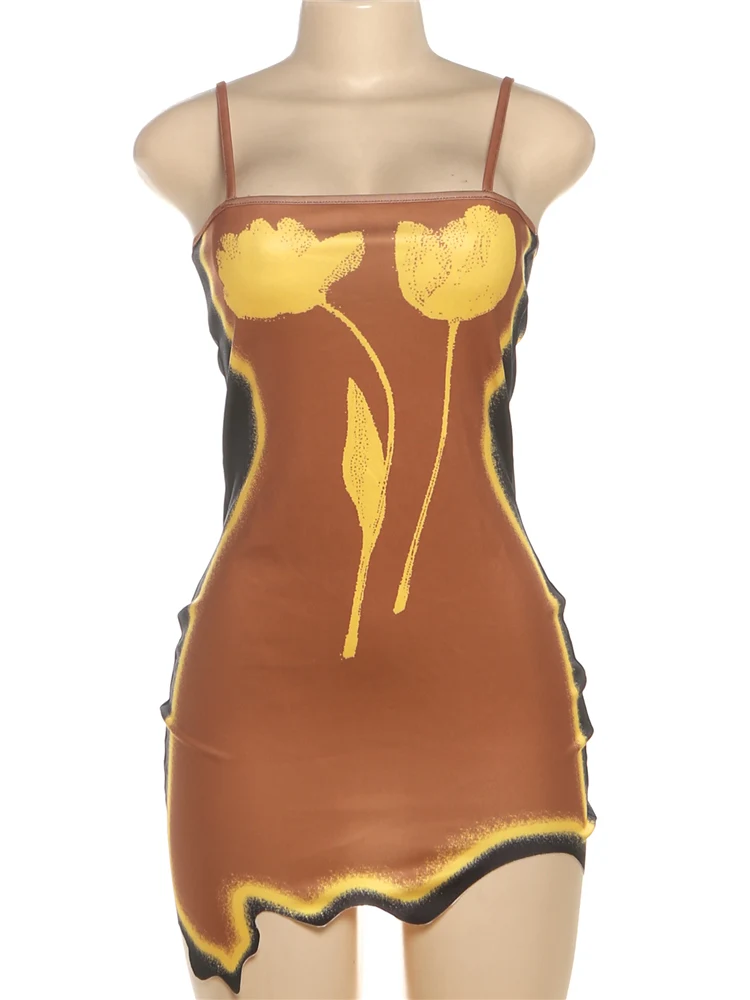 Weird Puss Y2K Abito con orlo irregolare Donna Chic Tulip Stampa Senza maniche Vacanza al mare Midnight Party Clubwear Skinny Aderente 6