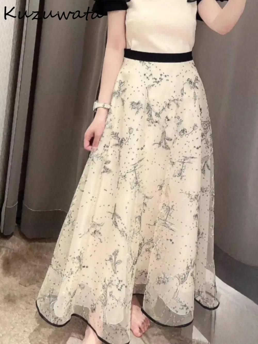 Kuzuwata Gonna scozzese a trapezio a vita alta tutto-fiammifero Gonne ricamate con stampa a pannelli di media lunghezza Giappone Elegante lucido Falda squisita 1