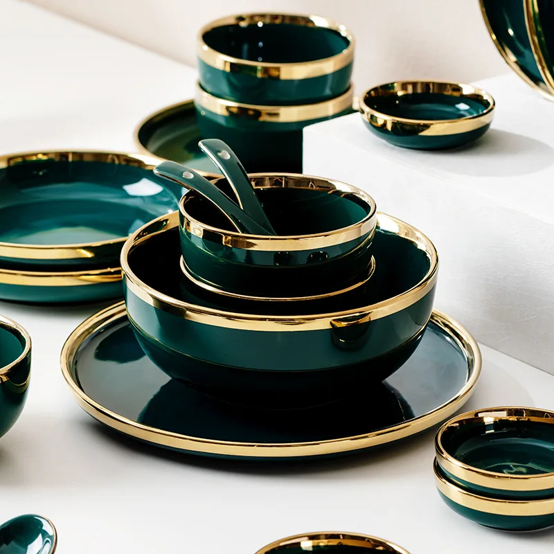 Set di posate Creative verde scuro Set di piatti in ceramica placcati in oro piatti da cucina ciotole di riso piatto in porcellana utensili da cucina nuovo 2