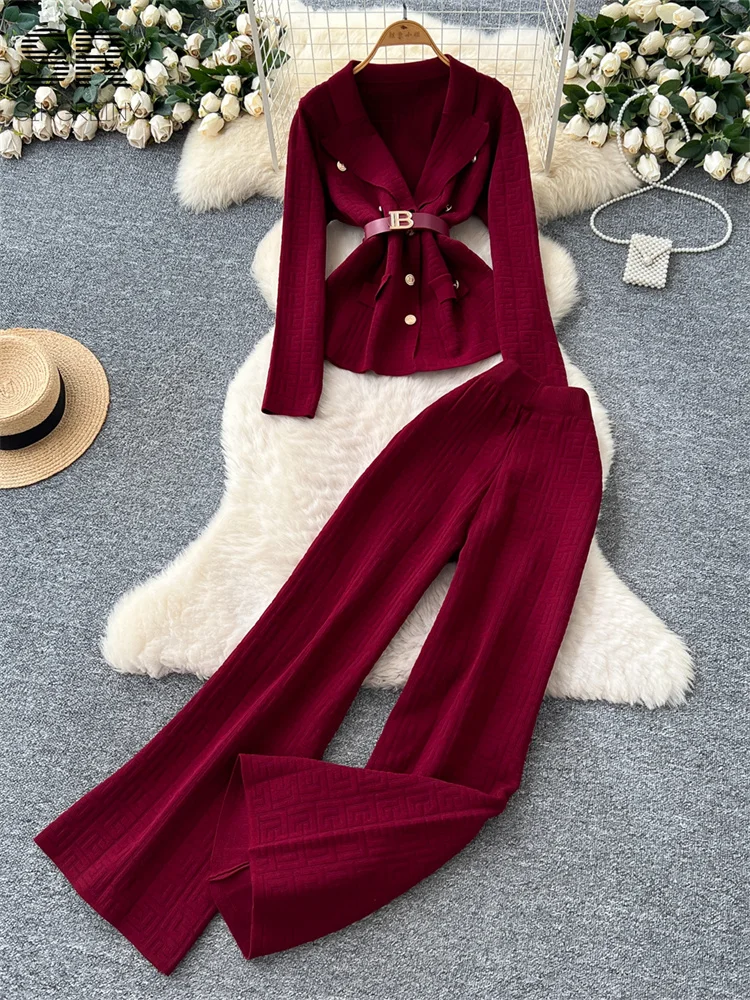 SINGREINY Office Lady Abiti lavorati a maglia Donna Manica lunga Colletto dentellato Top + Pantaloni a gambe larghe Donna Inverno Moda Spessa 2 pezzi Set 5