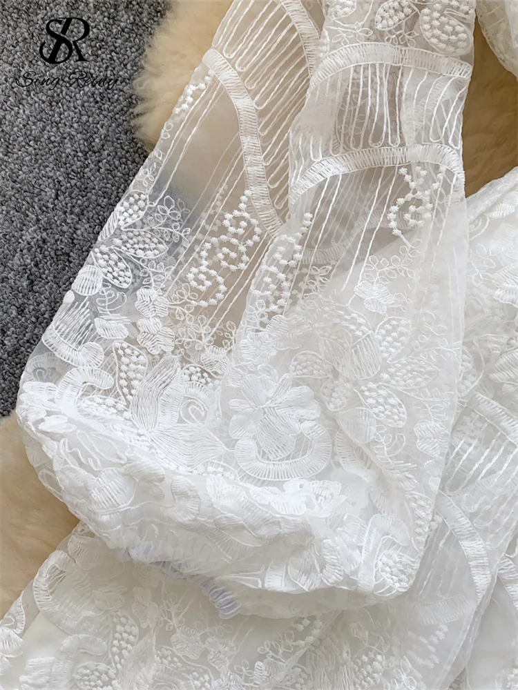 SINGREINY 2025 Abito da donna senior con scollo a V manica a lanterna ricamo con cintura vestito estivo sottile chic mini abito a rete delicata primaverile 5