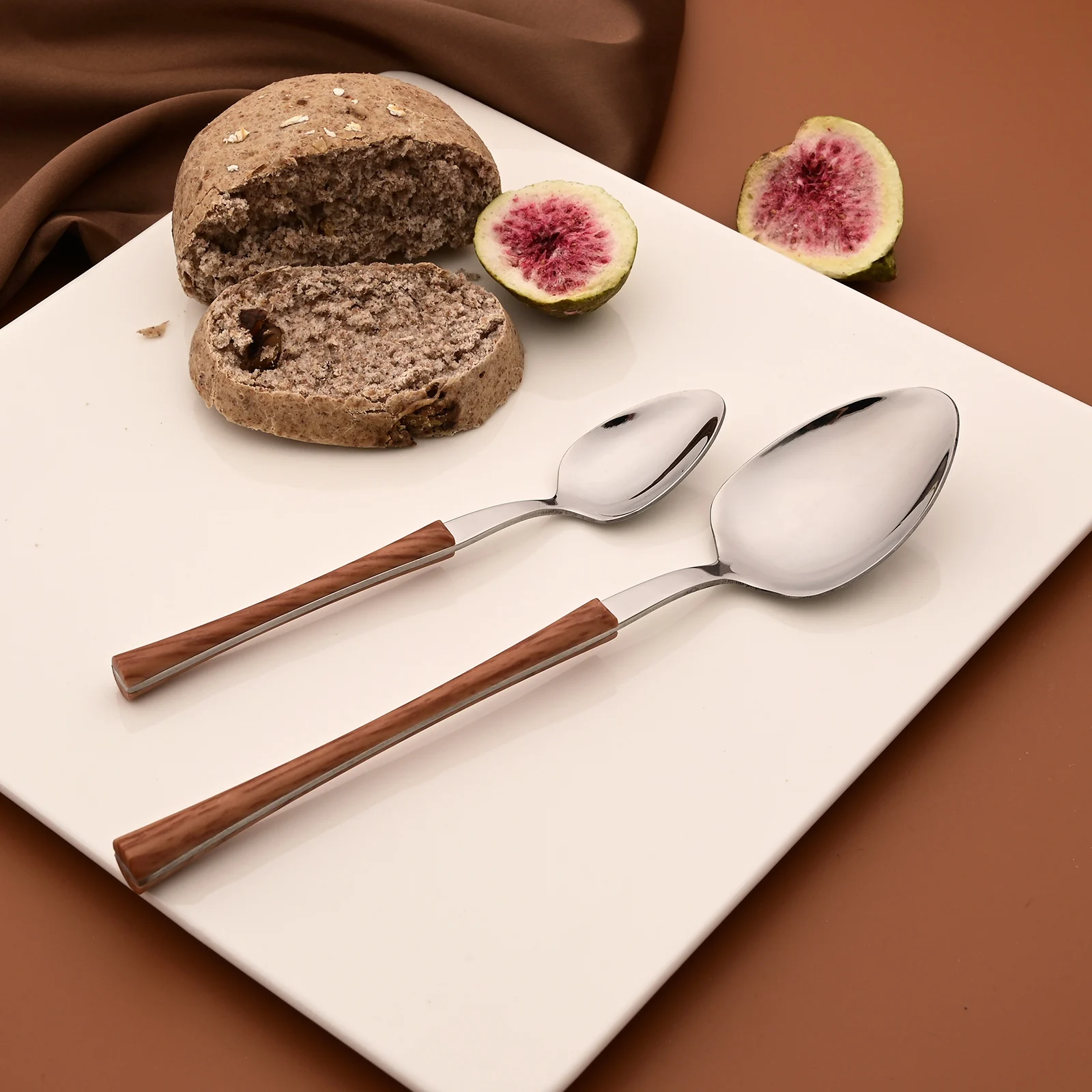 Western 6/30Pcs manico in legno imitazione posate coltello torta forchetta cucchiaio da tè posate Set di stoviglie in acciaio inossidabile argento marrone 5