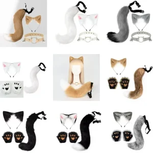FluffyAnime Pelliccia di animale Coda di volpe Zampe di gatto Guanti e orecchie Copricapo Maschera Costume cosplay Set Accessori per feste di Halloween 1