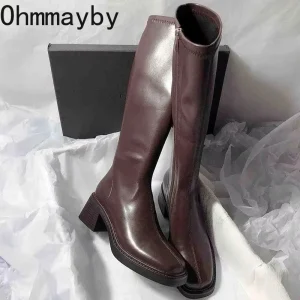 Stivali alti al ginocchio da donna con tacco spesso vintage Cerniere laterali alla moda Scarpe Autunno Inverno Donna Concise Botas De Mujer lunghi 1