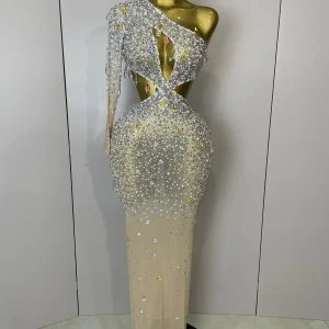 Stock 2025 Abito lungo aderente da donna sexy con una spalla scava fuori grande cristallo Celebrare il vestito da compleanno per cantante da bar per feste in discoteca 1