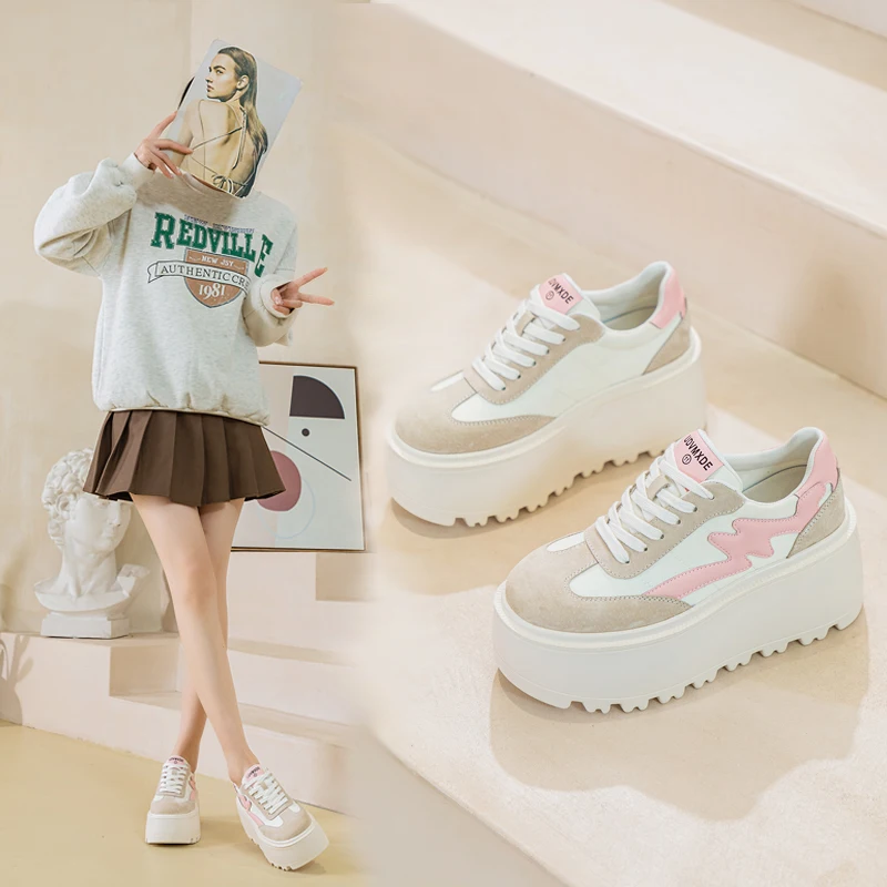 8cm piattaforma in vera pelle zeppa Chunky Sneaker nero Casual Comfort Skate Board suola spessa nuove scarpe moda primavera autunno 6