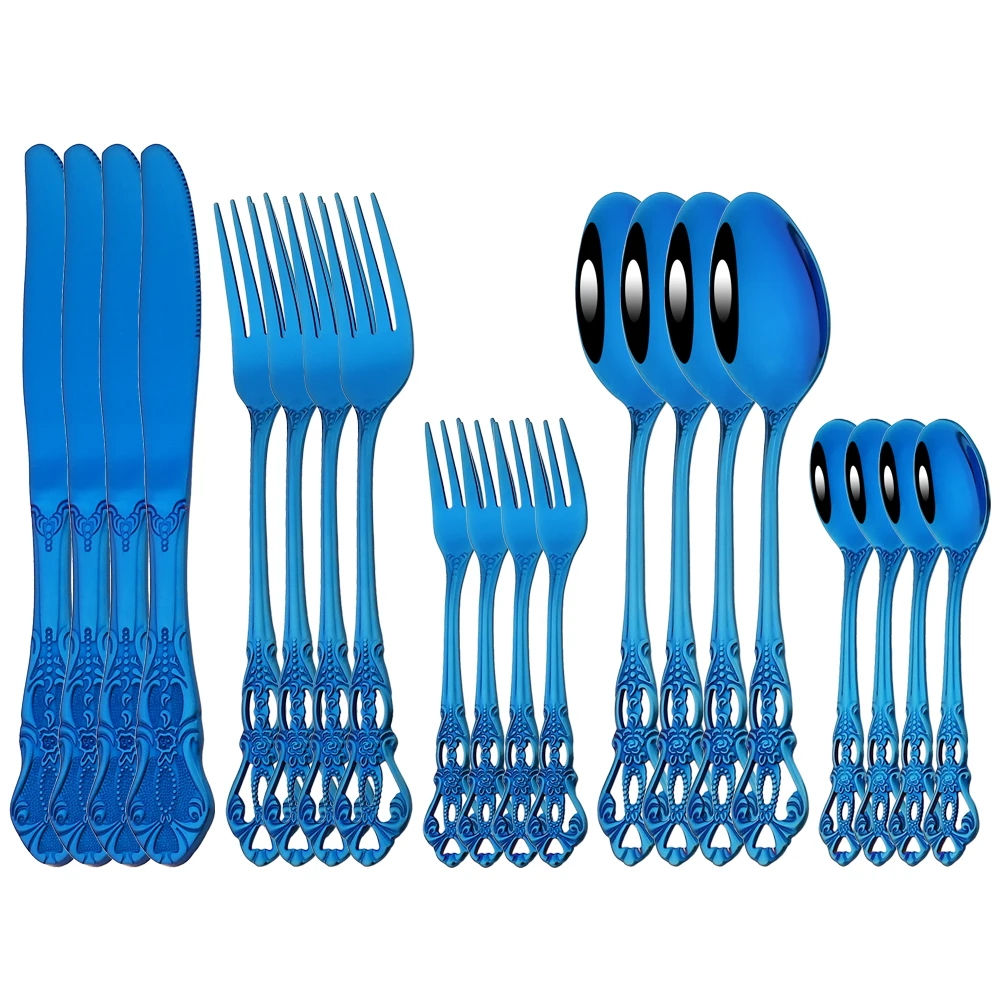4 persone Set di posate blu vintage Set di stoviglie in acciaio inossidabile Coltelli Torta Forchetta Cucchiaino da caffè Stoviglie Posate da cucina occidentali 1