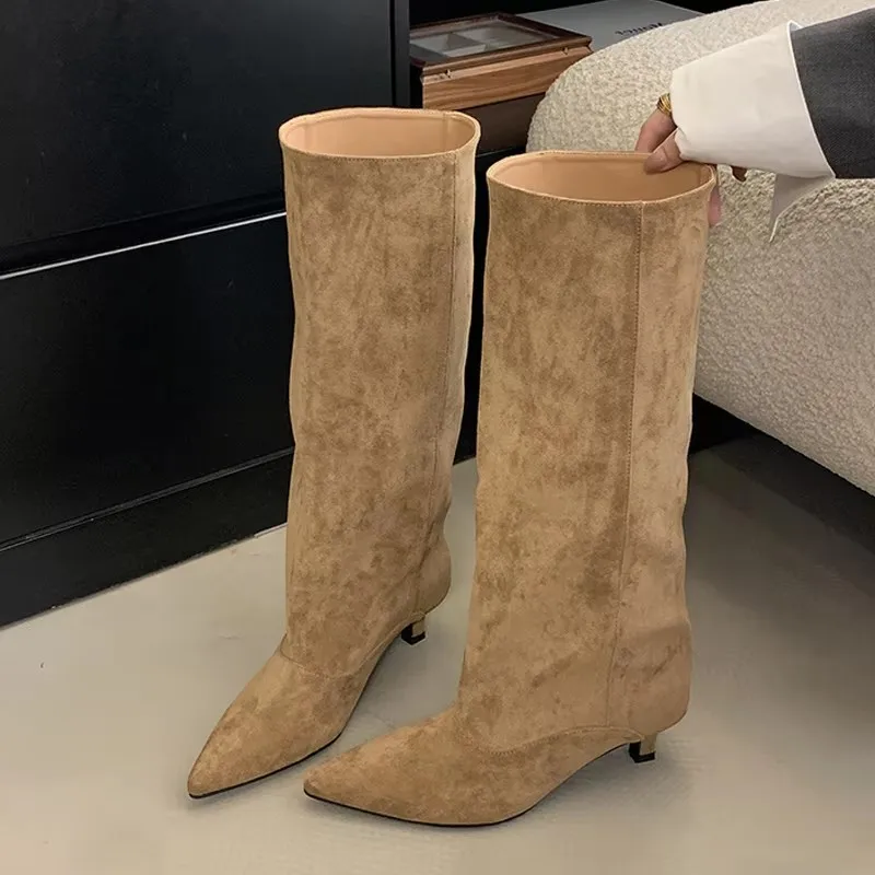 Liyke Autunno Inverno Donne Sexy Stivali Al Ginocchio Street Style Punta a punta Sottili Tacchi Bassi Cowboy Scarpe da Donna Lunghe Botas De Mujer 1