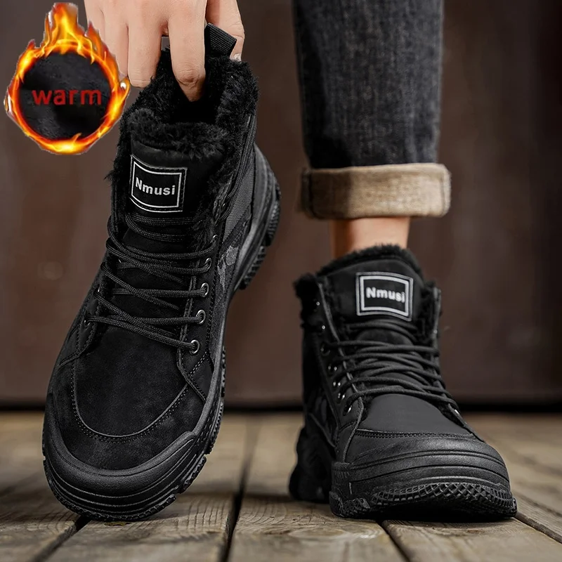 Stivali alti da uomo invernali Stivali da trekking antiscivolo da esterno Stivaletti da lavoro alla moda Scarpe da ginnastica casual calde e morbide con lacci da uomo 3