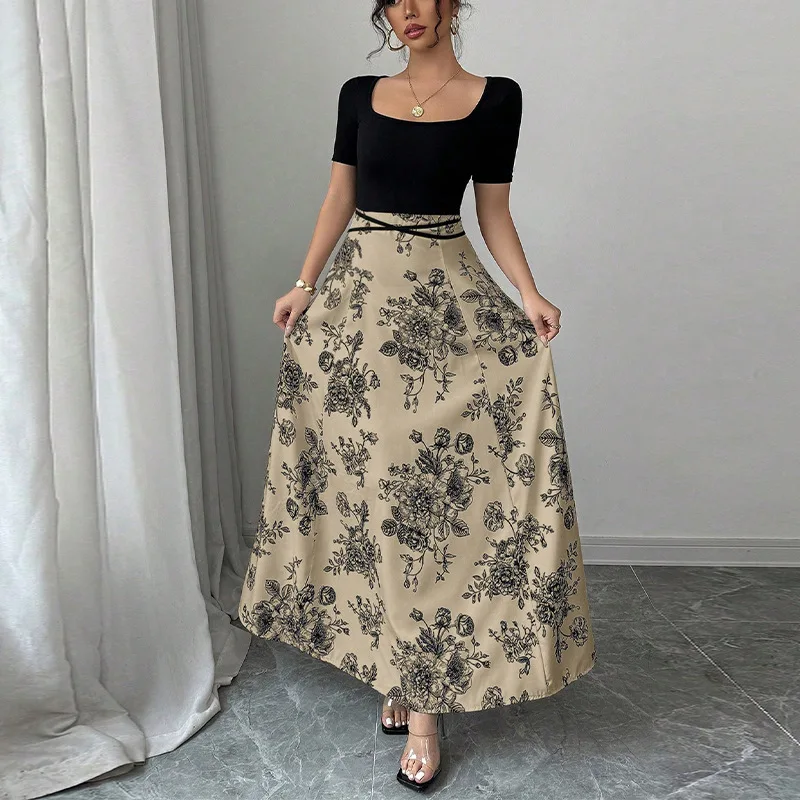 Abito da spiaggia per le vacanze da donna in abito lungo estivo a maniche corte slim in colore a contrasto 4