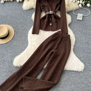 SINGREINY Office Lady Abiti lavorati a maglia Donna Manica lunga Colletto dentellato Top + Pantaloni a gambe larghe Donna Inverno Moda Spessa 2 pezzi Set 1