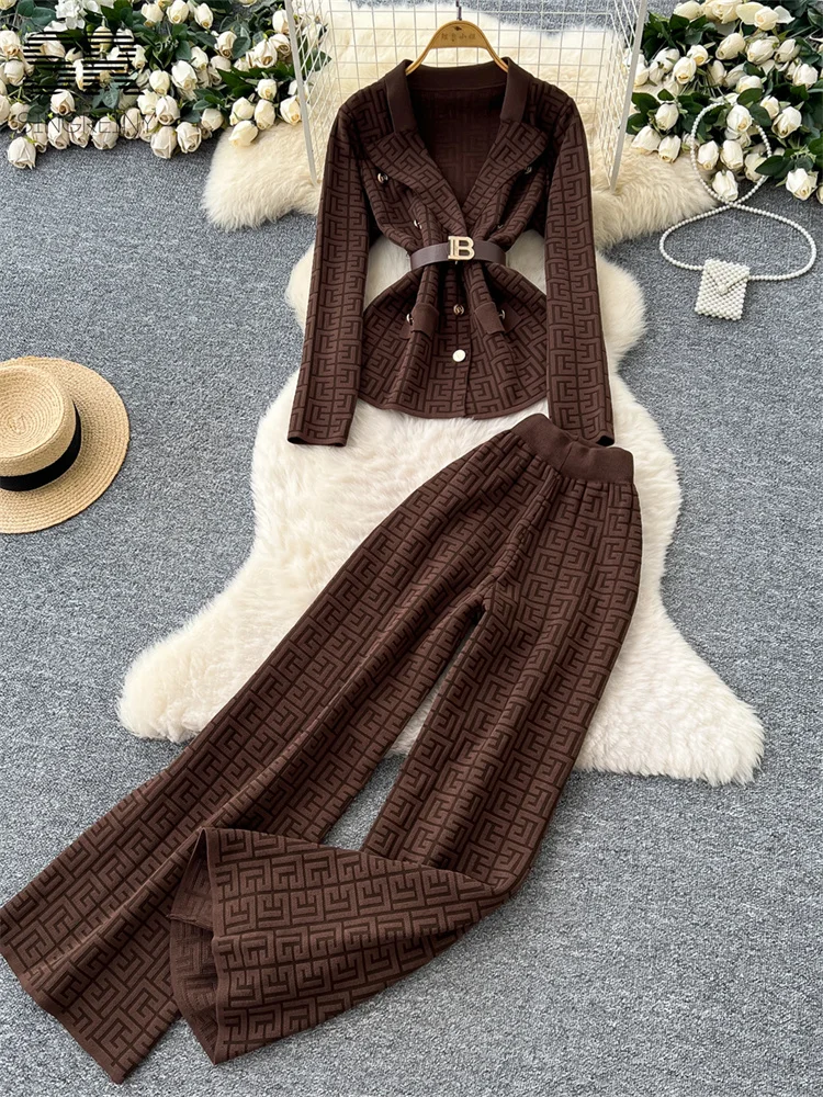 SINGREINY Office Lady Abiti lavorati a maglia Donna Manica lunga Colletto dentellato Top + Pantaloni a gambe larghe Donna Inverno Moda Spessa 2 pezzi Set 1