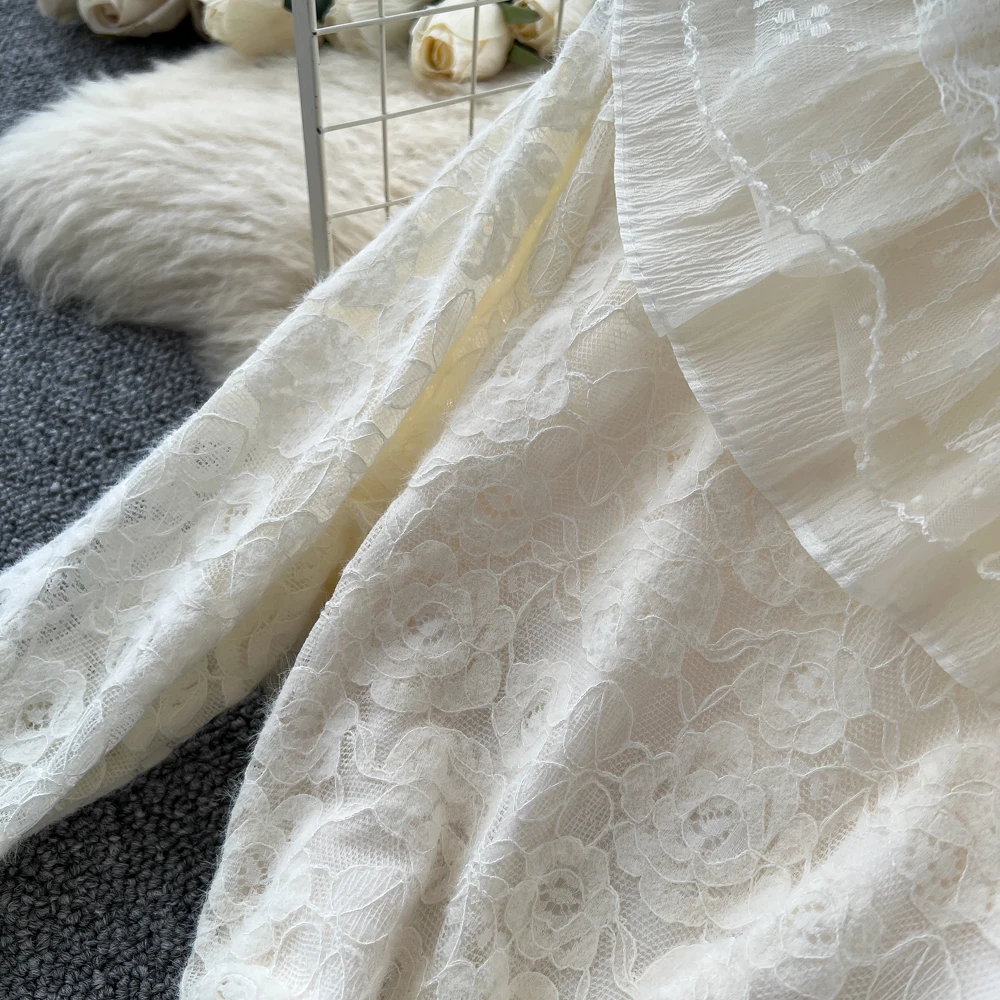 Chic vintage pizzo maglia manica lunga Elegante fata moda coreana autunno vestito estivo abbigliamento donna 5