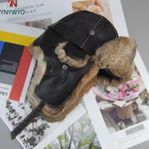 Russo unisex vera pelle di pecora vera pelliccia di coniglio cappelli uomo donna inverno all'aperto vera pelliccia di coniglio cappelli bomber berretto di pelliccia calda naturale 1