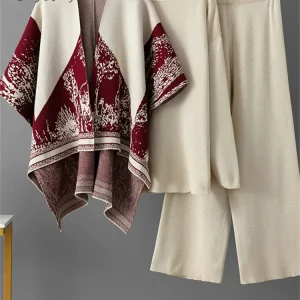 SINGREINY Moda OL Maglione Abiti da donna Cardigan jacquard allentato + Pullover con scollo a O solido + Pantaloni a gamba larga Set caldi di maglieria casual 1