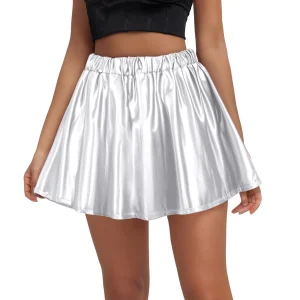 Gonna da donna in pelle di lattice a pieghe a vita alta Gonna corta solida allentata moda Gonne lucide scintillanti per le donne Summer Rave Party 1