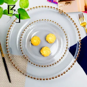 Piatto di vetro di cristallo in stile europeo Perline dorate rotonde Piatto occidentale Piatto di insalata di frutta per la casa Piatto di perline di nozze Stoviglie 1