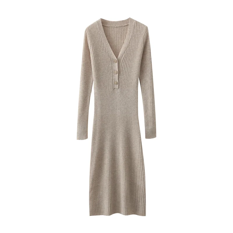 Abito da donna di media lunghezza in lana merino 100% maglione autunno inverno scollo a V con bottoni pullover che tocca il fondo maglieria abito slim da donna 6