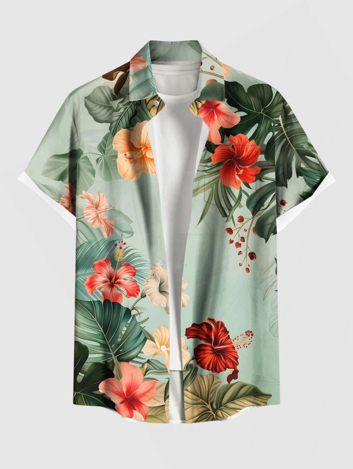 Camicia con stampa di fiori di ibisco con foglie tropicali hawaiane per coppia abbinabili di Rosegal o abito midi a trapezio diviso taglie forti 4