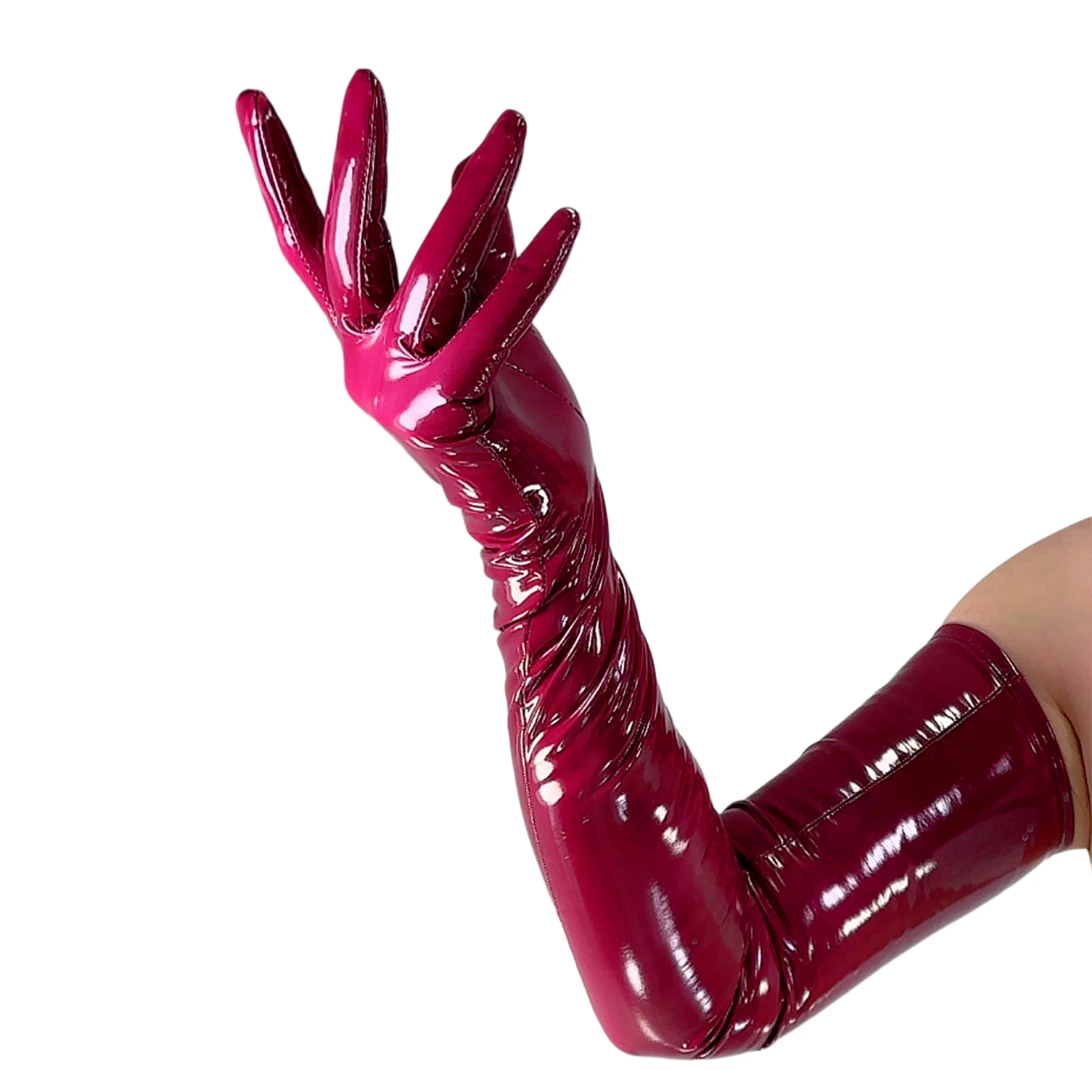 Guanti in LATTICE bordeaux Super sottili 2a pelle ecopelle gomma 70 cm spalla lunga moda festa serale costume cosplay guanto 3