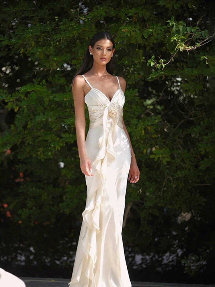 Abito lungo senza maniche senza spalline con volant a fiori eleganti per le donne Abiti slim con scollo a V senza schienale Lady Party Club Outwear Robe Vesti 2