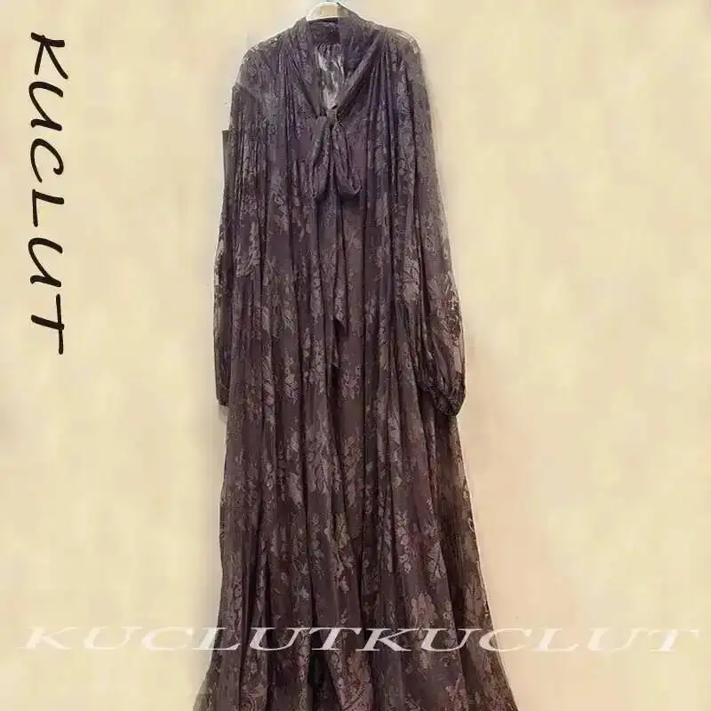 KUCLUT 2025 delle Donne di Modo Del Merletto Del Fiore Stampato Abiti Elegante di Colore Solido Manica Lunga a Metà Polpaccio Vestito Femminile Alla Moda Nuovo K123 3