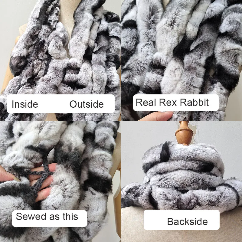 2025 Sciarpa di pelliccia di coniglio Rex reale calda invernale Moda spessa soffice Silenziatore di pelliccia genuina lunga da donna all'aperto di alta qualità 2
