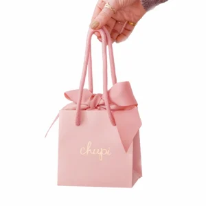 500 pz/lotto stampato personalizzato gioielli regalo di lusso sacchetti della spesa di carta rosa con nastro papillon per cosmetici regalo di compleanno di nozze 1