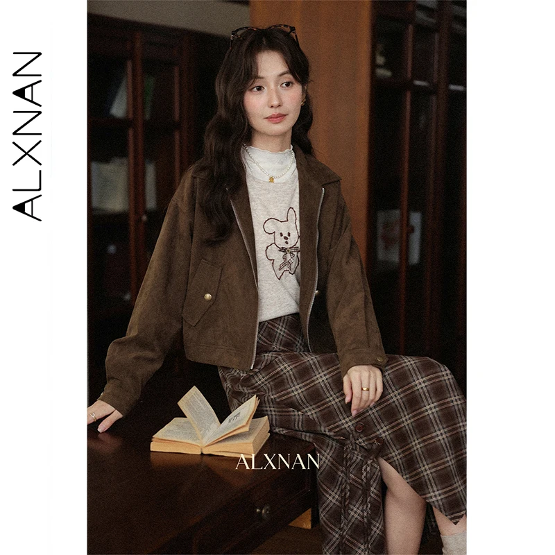 ALXNAN Gonna scozzese marrone Donna Vintage Elegante Chic con bottoni Gonne lunghe con spacco 2025 Autunno Nuovo Office Lady Abbigliamento femminile L57033 5