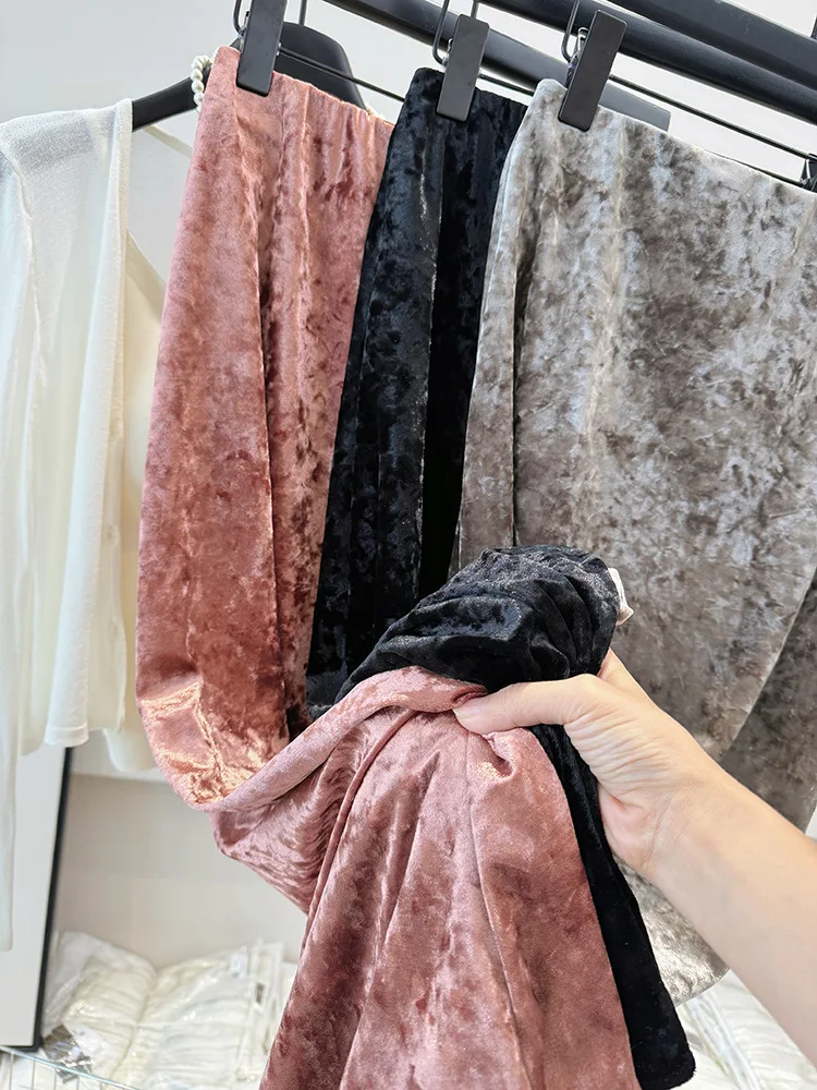 Gonna longuette in velluto per donna Gonna a trapezio in morbido velluto schiacciato Elegante tessuto lucido Elastico a vita alta Moda autunno inverno 1