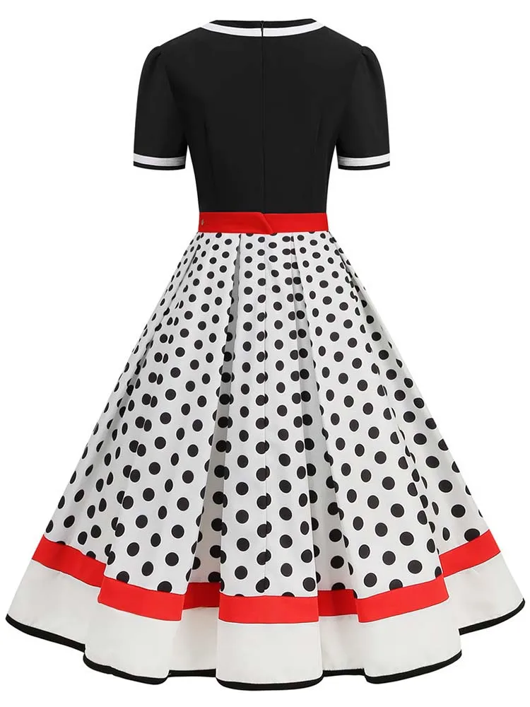 Abito plissettato vintage a maniche corte con scollo a V nero con cintura Abito da donna a pois anni '50 Abito estivo taglie forti 2